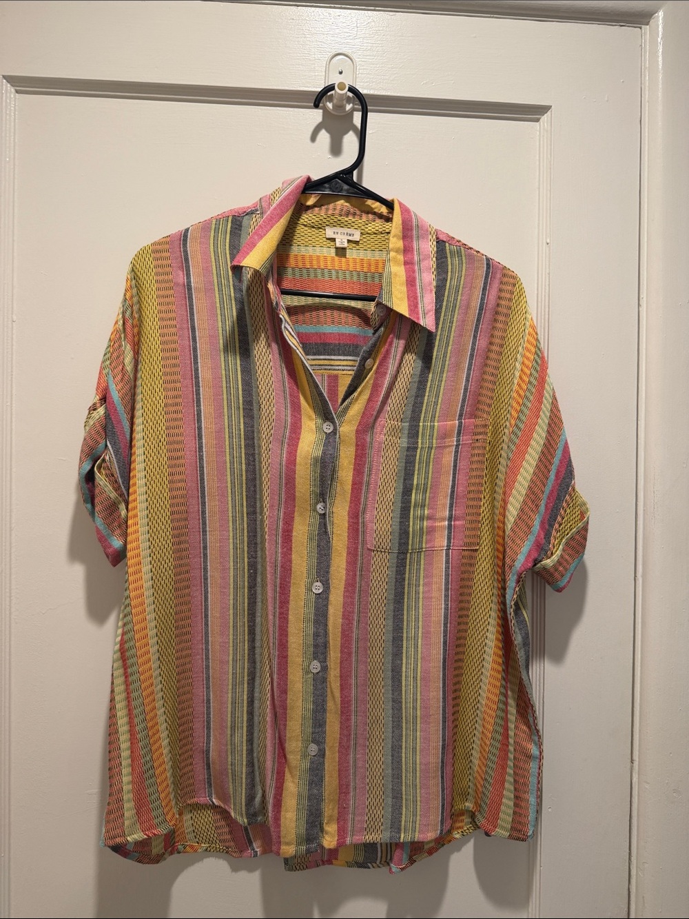 V-Neck Collar Multicolor Stripe Short-Sleeve Shirt